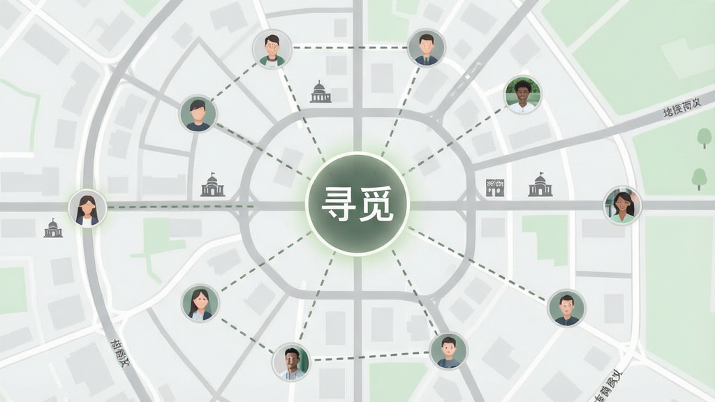 一张展示地图社交功能的概念图,画面为俯视视角的简化城市地图,上面分布着多个圆形头像标记,标记之间有虚线连接,地图色调为浅灰与淡绿,中心位置有一个高亮的“寻觅”文字标识,布局疏朗,风格为简约信息图,细节包含道路线条和地标小图标,画质清晰,画面干净,无多余元素