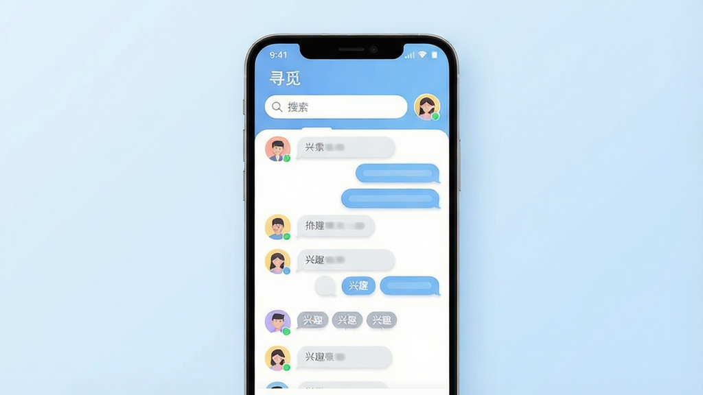 一张展示手机社交应用界面的效果图,画面中央是一部竖屏安卓手机,屏幕显示“寻觅”聊天列表界面,顶部有搜索栏和用户头像,下方排列着多个对话气泡和兴趣标签,布局简洁清晰,背景为柔和的浅蓝渐变,风格为现代扁平化UI设计,细节包含圆角图标和柔和阴影,画质清晰,画面干净,无多余元素