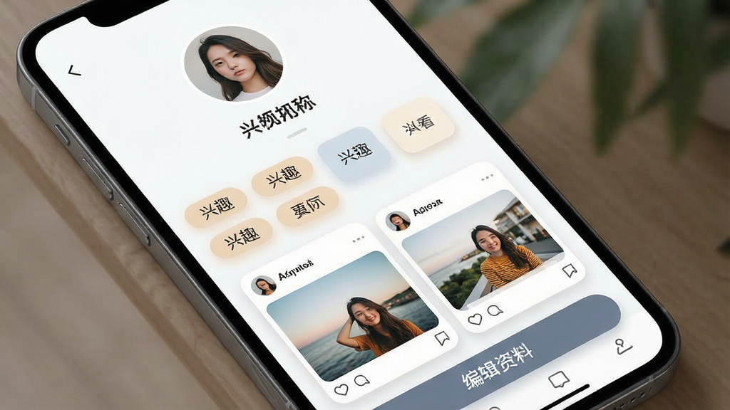 一张展示个人主页界面的效果图,画面为手机屏幕中的个人资料页面,顶部有圆形头像和昵称,下方排列着兴趣标签小方块和几张图文动态卡片,底部有“编辑资料”按钮,布局层次分明,风格为现代卡片式UI设计,细节包含柔和阴影和圆角元素,画质清晰,画面干净,无多余元素