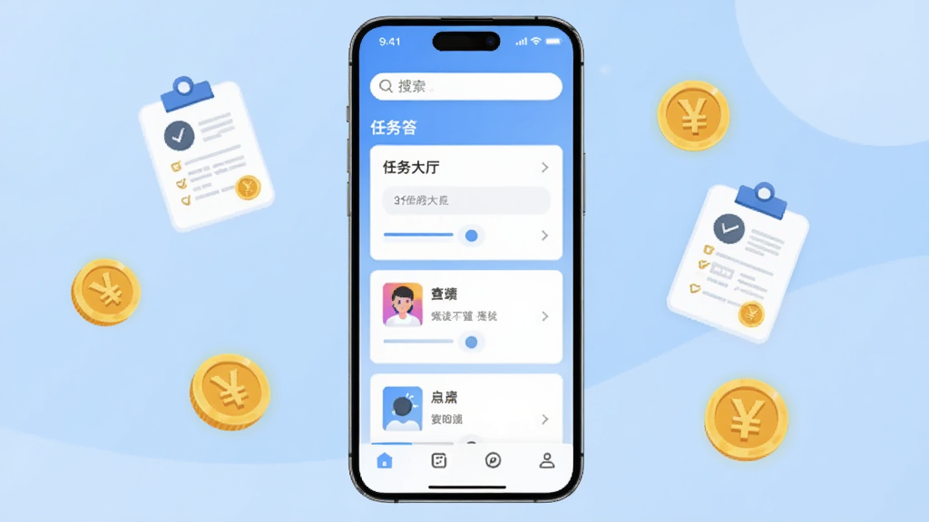 手机屏幕居中展示众点答应用主界面,界面包含任务大厅卡片列表、顶部搜索栏与底部导航栏,背景为浅蓝色渐变,手机两侧漂浮问卷图标与金币图标,整体风格为扁平化UI设计,画质清晰,干净简洁,无多余元素