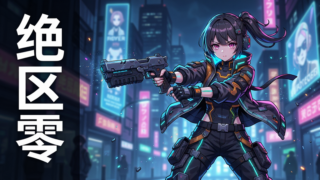 画面主体为一名身穿潮酷机能风服装的动漫少女角色站在霓虹闪烁的都市街道中央,双手持武器摆出战斗姿态,背景是充满未来感的城市建筑与全息广告牌,画面左侧竖排大字“绝区零”,整体布局人物居中偏右,左侧留白放标题,风格为高饱和赛博朋克二次元插画,细节包含发光线条、机械纹理、飘动的衣角与粒子光效,画质高清精致,画面干净无杂乱元素