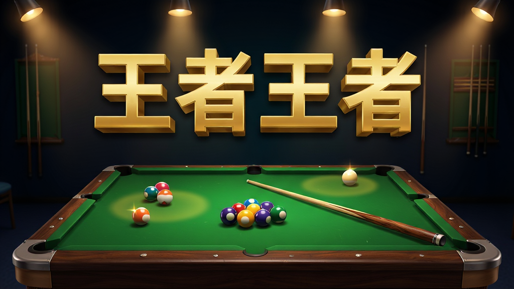 一张横版游戏宣传图,画面中央是一张绿色台球桌,桌面上摆放着彩色台球与球杆,台球王者四个大字以金色立体字悬浮在球桌上方,背景为深色渐变球房环境,暖色射灯打在球桌上形成光晕,整体风格写实精致,布局主体居中、文字在上方、球桌占画面下半部分,细节包含台球高光反射与球杆木纹质感,画质清晰干净,画面无多余元素
