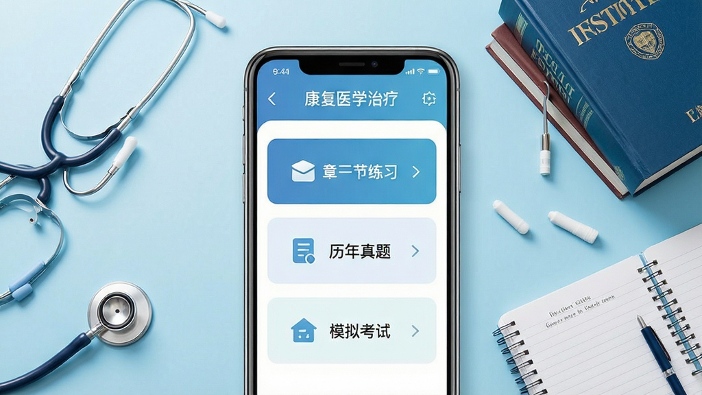 一张展示康复医学治疗技术刷题库手机应用界面的效果图,画面中央是一部竖屏智能手机,屏幕内显示题库首页,包含章节练习、历年真题、模拟考试等功能入口,背景为浅蓝色医疗风格,周围环绕听诊器、医学书籍、笔记本等学习元素,整体布局简洁有序,风格清新专业,细节清晰,画质干净,无多余元素