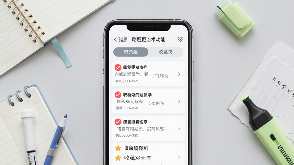 一张展示康复医学治疗技术刷题库错题本与收藏功能的界面示意图,画面中央为手机屏幕,屏幕内显示错题列表与收藏夹两个标签页,错题条目带有红色标记,收藏条目带有星标,背景为柔和的浅灰色,周围点缀笔记本与荧光笔元素,风格简约现代,排版清晰,画质干净,无多余装饰