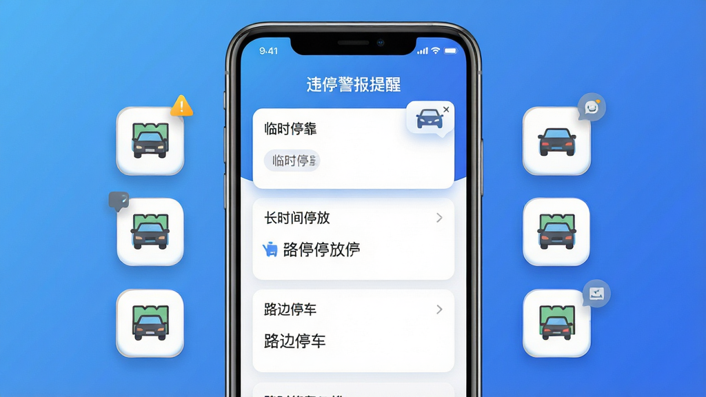 画面主体为一部智能手机居中放置,屏幕内展示“违停警报提醒”软件的多场景识别界面,界面中包含临时停靠、长时间停放、路边停车三个卡片模块,布局为手机居中、左右两侧分布场景图标,排版对称清晰,风格为现代UI设计展示图,细节包含蓝色渐变背景、柔和阴影、通知气泡元素,画质高清,画面干净,无多余元素
