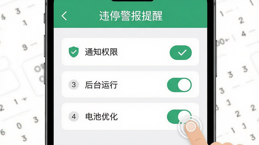 画面主体为手机屏幕特写,显示“违停警报提醒”软件的权限引导设置页面,页面中包含通知权限、后台运行、电池优化三个开关选项,布局为纵向列表排列、顶部标题栏,排版规整,风格为扁平化界面示意图,细节包含绿色对勾图标、步骤序号、手指点击示意,画质高清,画面干净,无多余元素