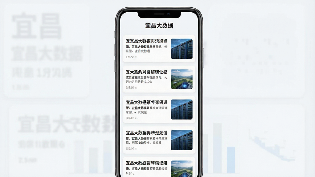 “宜昌大数据”资讯列表页面,手机界面中纵向排列多条新闻卡片,每条卡片含标题与缩略图,顶部有“宜昌大数据”字样,整体采用清爽浅色风格,排版疏密有致,画质细腻,背景干净