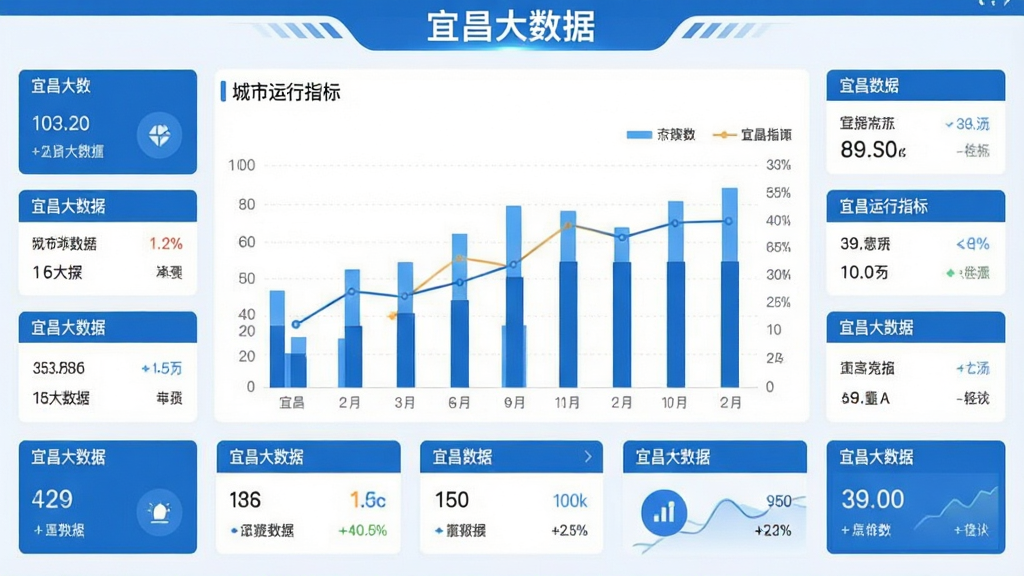 “宜昌大数据”应用内数据看板页面,画面中央为柱状图与折线图组合展示城市运行指标,四周环绕数据卡片,采用蓝白配色,扁平化设计风格,布局整齐,文字标注“宜昌大数据”,画质清晰,界面干净无杂乱元素