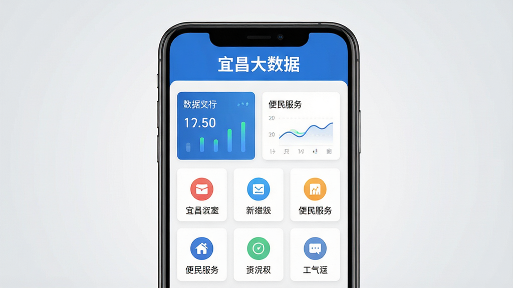 手机屏幕居中展示“宜昌大数据”应用主界面,顶部为蓝色政务风格标题栏,中部为数据卡片与便民服务图标网格,背景为浅灰渐变,整体采用扁平化UI风格,画面干净整洁,高清晰度,无多余装饰元素