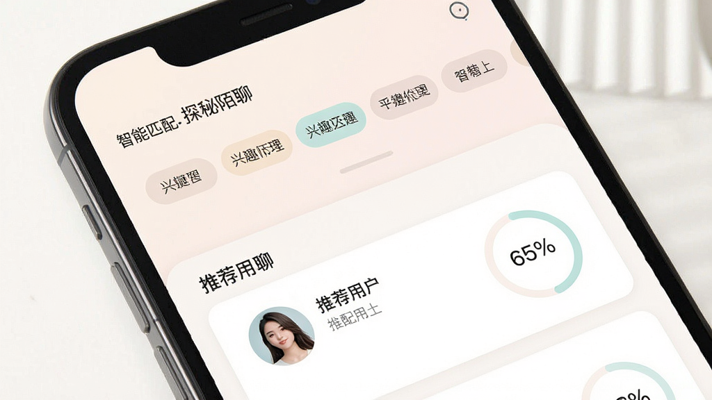 一张手机屏幕特写图,画面主体为探秘陌聊的智能匹配页面,布局采用上下结构,上部为兴趣标签选择区,下部为推荐用户卡片列表,风格为柔和浅色系UI设计,细节包括标签胶囊按钮、用户头像和匹配度百分比圆环,画质清晰,画面干净,无多余元素