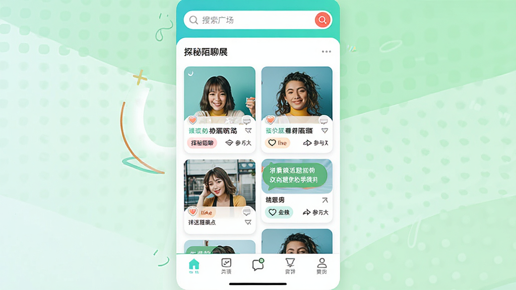 一张兴趣广场页面展示图,画面主体为探秘陌聊的话题广场界面,布局为顶部搜索栏、中部话题卡片瀑布流和底部导航栏,风格为活力清新风格,细节包括话题标签、点赞图标和参与人数数字,画质清晰,画面干净,无多余元素