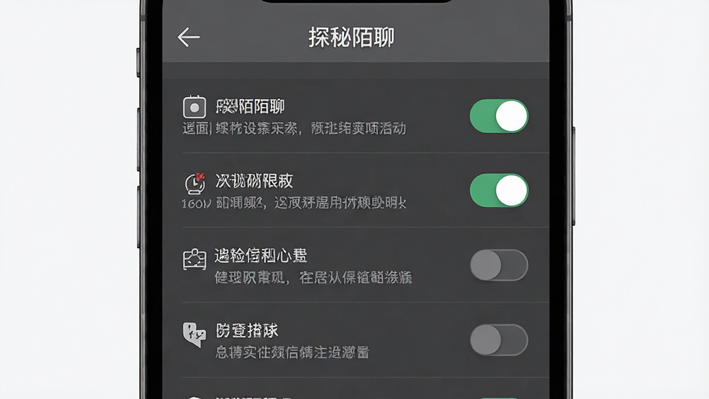 一张隐私设置页面示意图,画面主体为探秘陌聊的设置界面,布局为纵向列表式选项排列,风格为素雅极简设计,细节包括开关按钮、权限说明文字和返回箭头,画质高清,画面干净,无多余元素