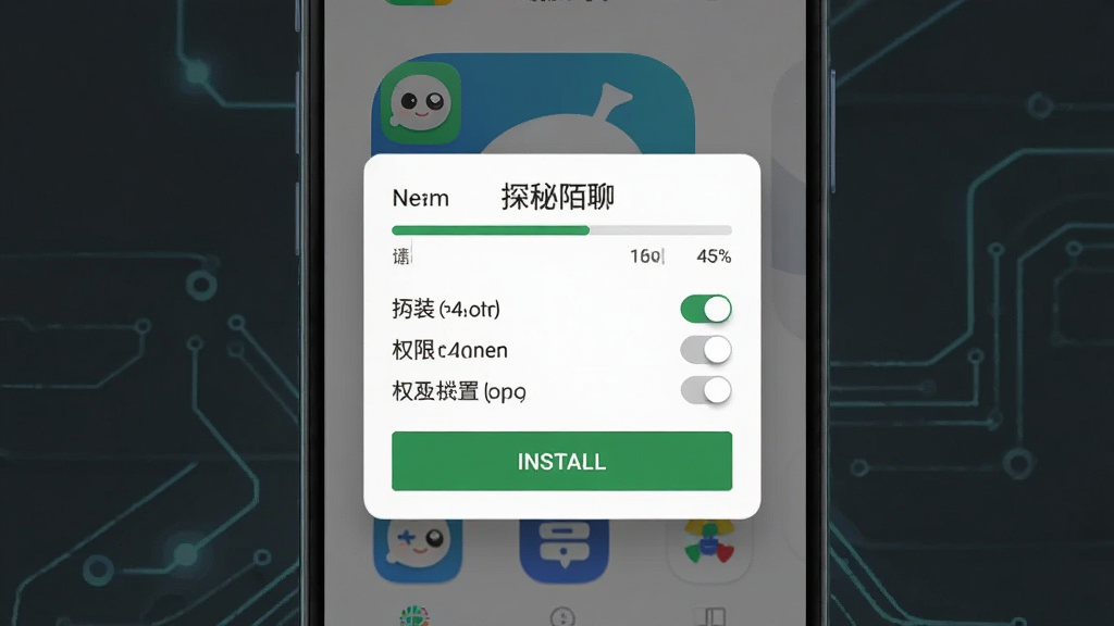 一张手机应用安装与权限设置示意图,画面主体为安卓手机屏幕展示探秘陌聊的安装进度条和权限授权弹窗,布局为居中弹窗叠加在应用图标背景上,风格为写实科技风,细节包括权限开关列表、安装按钮和进度百分比,画质高清,画面干净,无多余元素
