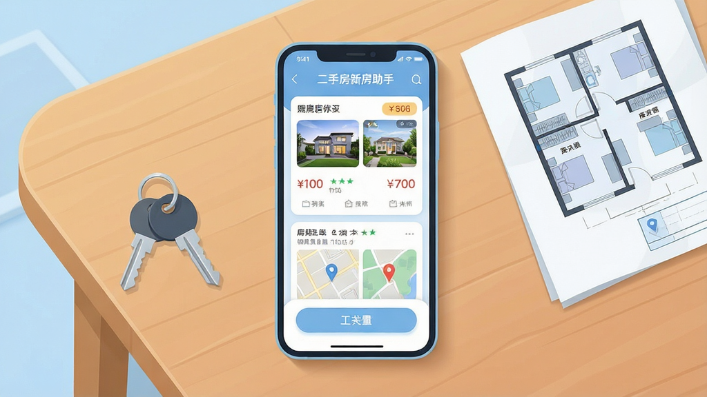 一张展示二手房新房助手应用界面的场景图,画面中央是手机屏幕,屏幕上显示二手房新房助手的中文界面,包含房源列表卡片、价格标签和地图浏览按钮,手机放置在木质桌面上,旁边有一串钥匙和一份房屋户型图,布局为居中构图,排版简洁清晰,风格为现代扁平化插画,细节包括柔和的阴影、圆角卡片和浅蓝色主色调,画质高清,画面干净,无多余元素