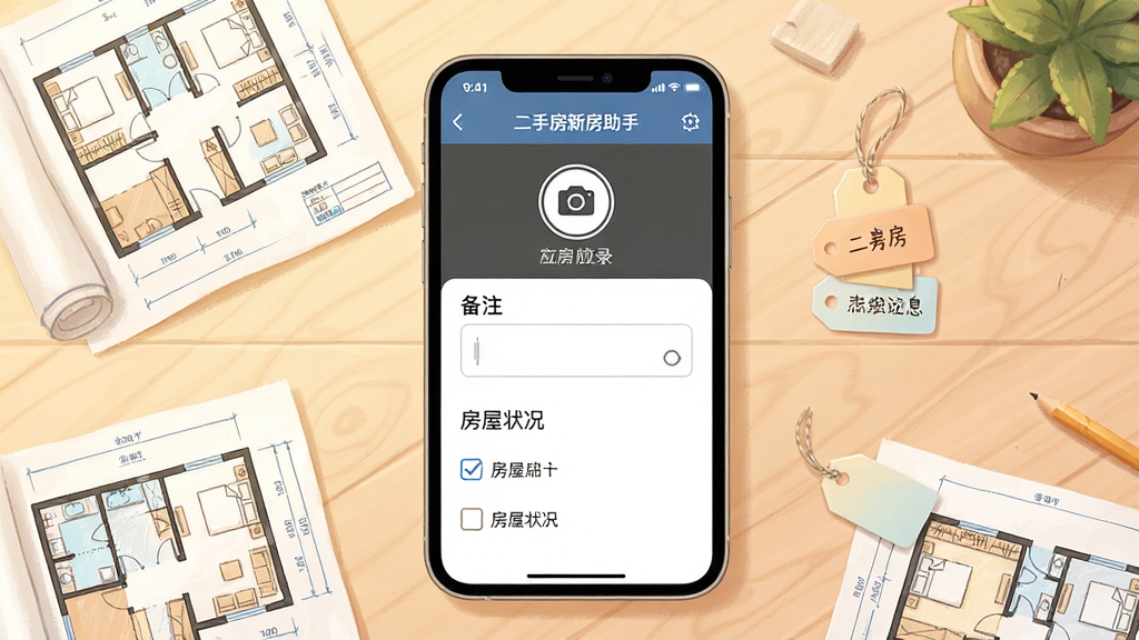 一张表现房屋信息快捷记录功能的AI生图,画面主体为二手房新房助手应用中的记录页面,布局为手机屏幕居中,屏幕上显示拍照按钮、备注输入框和房屋状况勾选项,屏幕周围散落着户型图纸和小标签,排版为环绕式构图,风格为温暖的生活化插画,细节包括浅木色桌面、柔和光线和清晰的图标,画质高清,画面干净,无多余元素