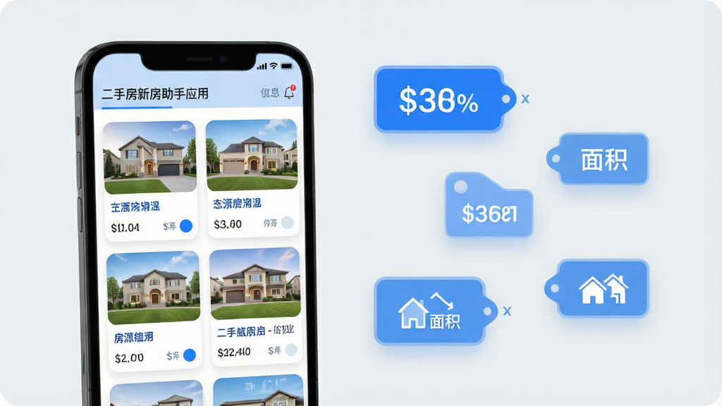 一张表现房源信息聚合浏览功能的AI生图,画面主体为二手房新房助手应用中的房源列表页面,布局为左侧手机界面展示多张房源卡片,右侧漂浮着价格标签、面积图标和户型符号,排版采用信息图表式分布,风格为清爽的扁平化设计,细节包括浅灰色背景、蓝色高亮标签和圆角卡片,画质高清,画面干净,无多余元素
