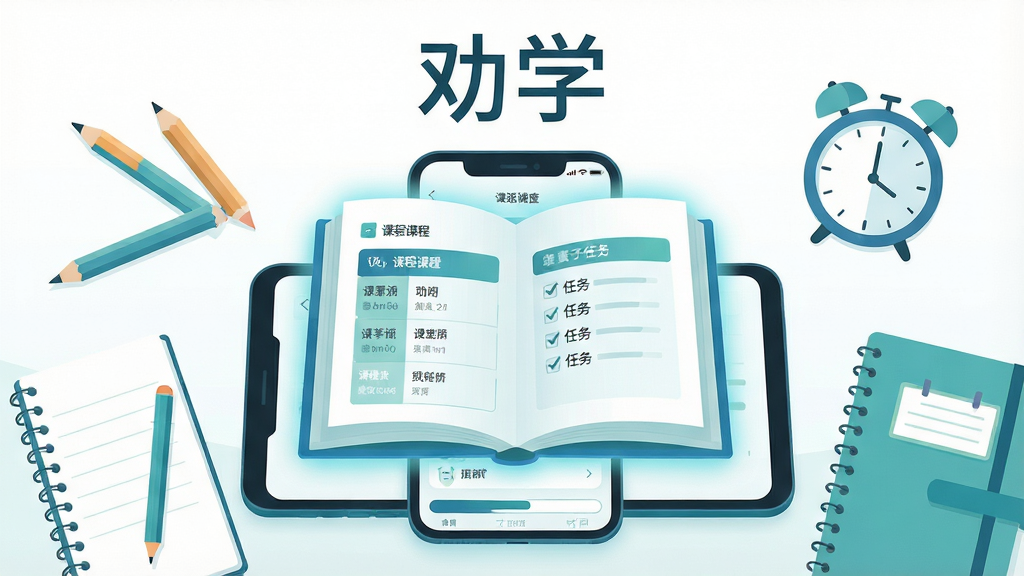画面主体为一本翻开的电子书悬浮在手机屏幕上方,手机屏幕内显示课程表与任务清单界面,周围环绕铅笔、笔记本、时钟等学习元素,整体布局居中对称,上方留白放置“劝学”二字标题,风格为清新扁平插画,细节上书本边缘有柔和光晕,配色以蓝绿为主,画质清晰干净,无多余元素