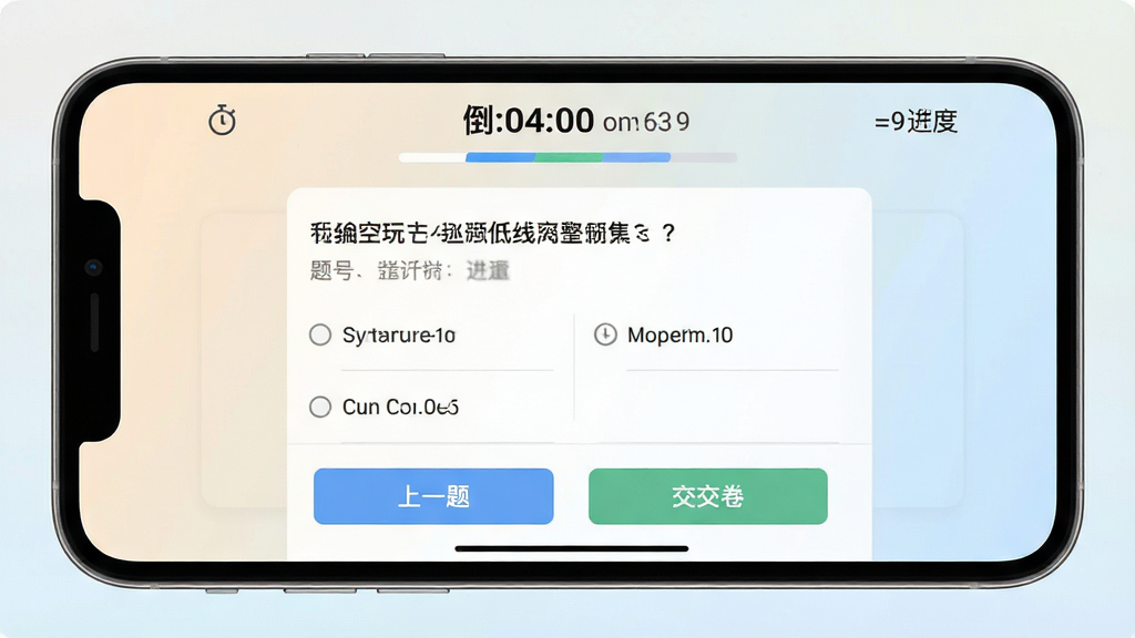 低空玩家模拟考试场景,手机横屏显示考试答题界面,顶部为倒计时与题号进度,中部为题目内容与选项,底部为上一题下一题按钮,背景为浅色渐变,风格为清爽移动端考试界面,细节包含计时器图标与交卷按钮,画质清晰,干净,无多余元素
