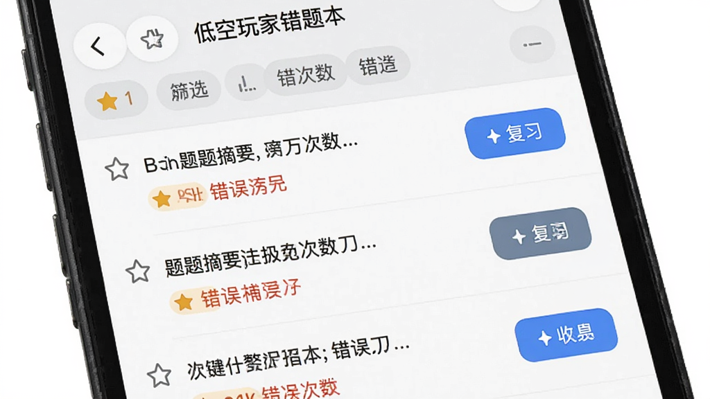 低空玩家错题本页面,手机屏幕显示错题列表,每条记录包含题目摘要与错误次数标记,顶部为筛选标签,整体排版整齐,风格为简约列表式移动界面,细节包含收藏星标与复习按钮,画质清晰,干净,无多余元素