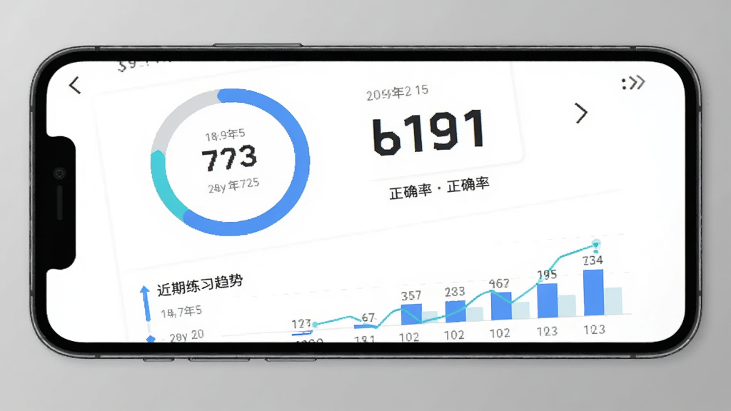 低空玩家学习统计页面,手机屏幕显示环形进度图与柱状统计图,上方为正确率数值,下方为近期练习趋势,风格为现代数据可视化移动界面,细节包含日期标签与数据说明文字,画质清晰,干净,无多余元素