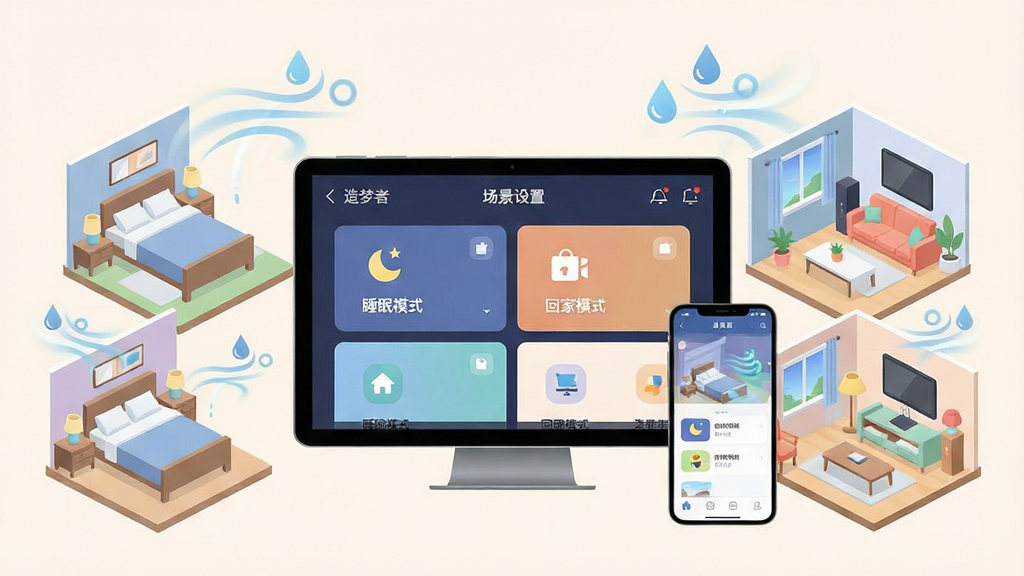 一张展示造梦者智能场景联动功能的生图,画面以智能家居中控屏和手机为视觉中心,屏幕上呈现造梦者APP的场景设置页面,页面中显示睡眠模式、回家模式等图标卡片。周围环绕着卧室、客厅等不同房间的微缩模型,模型上方有气流、水滴等抽象符号表示环境调节。风格为扁平化科技插画,色彩柔和,布局居中对称,细节简洁明了,画质清晰干净。