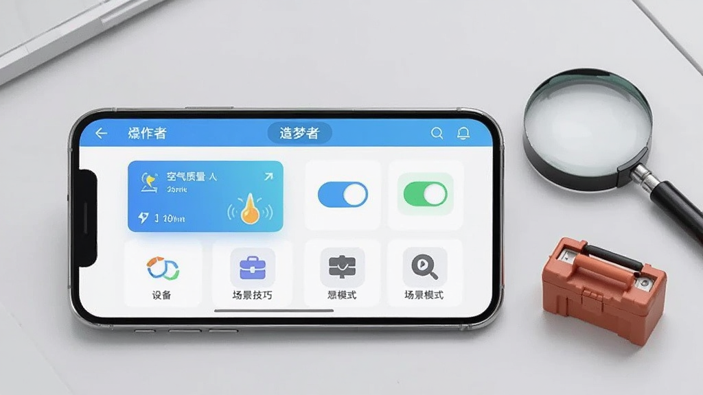 一张展示造梦者APP在手机端操作界面的生图,画面为一部横放的智能手机,屏幕上显示造梦者APP的设备控制主页,页面布局清晰,包含空气质量卡片、设备开关按钮和场景模式图标。手机旁边放置一个放大镜和一个小工具箱,象征使用技巧与问题排查。背景为浅灰色桌面,风格为简洁的产品展示风,光线柔和,细节清晰,画质干净无多余元素。