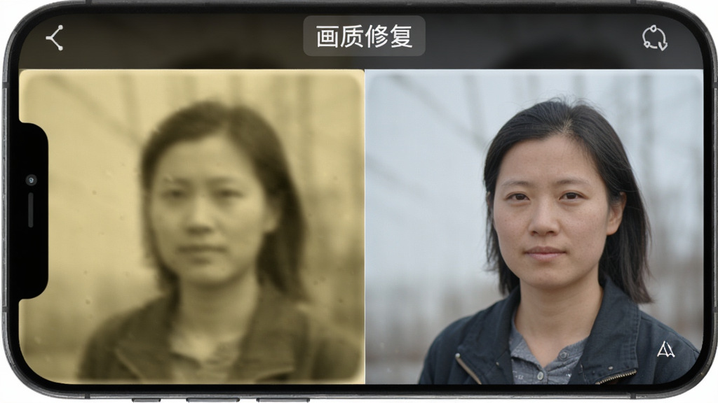 手机屏幕展示织影AI画质修复功能的前后对比,左侧为模糊泛黄的老照片,右侧为修复后清晰锐利、色彩自然的照片,界面顶部有“画质修复”文字标签,布局为上下对比排版,风格为写实产品演示风,细节突出清晰度差异,画质干净无杂乱元素