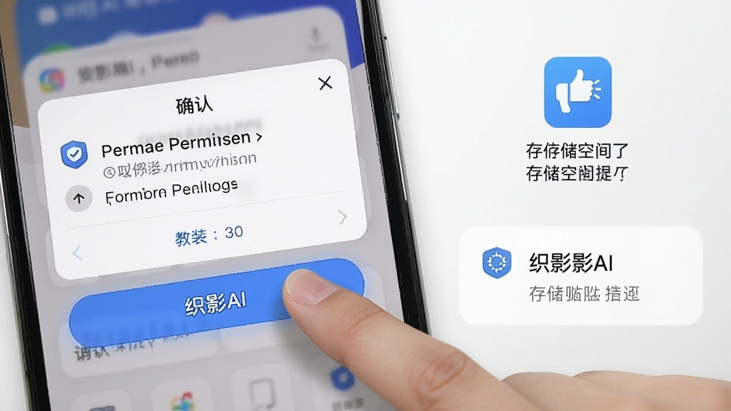 一张手机操作示意图,画面中一只手正在点击织影AI的安装确认按钮,旁边有权限弹窗与存储空间提示图标,布局为手部特写加界面元素,风格为教程演示风,细节包含清晰的按钮高亮与提示文字区域,画质干净,无多余背景干扰