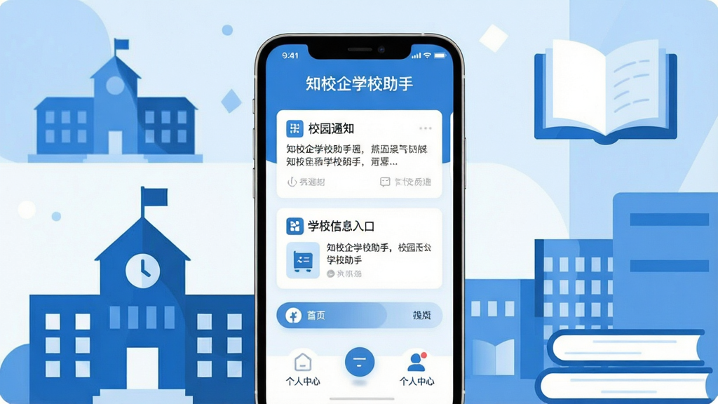 画面中央是一部竖屏智能手机,屏幕上显示“知校企学校助手”应用主界面,界面包含校园通知卡片、学校信息入口与个人中心图标,手机周围以简洁的几何色块排布出校园建筑剪影与书本元素,整体采用清爽蓝白配色,扁平化插画风格,细节干净利落,布局居中对称,画质清晰,无多余装饰元素