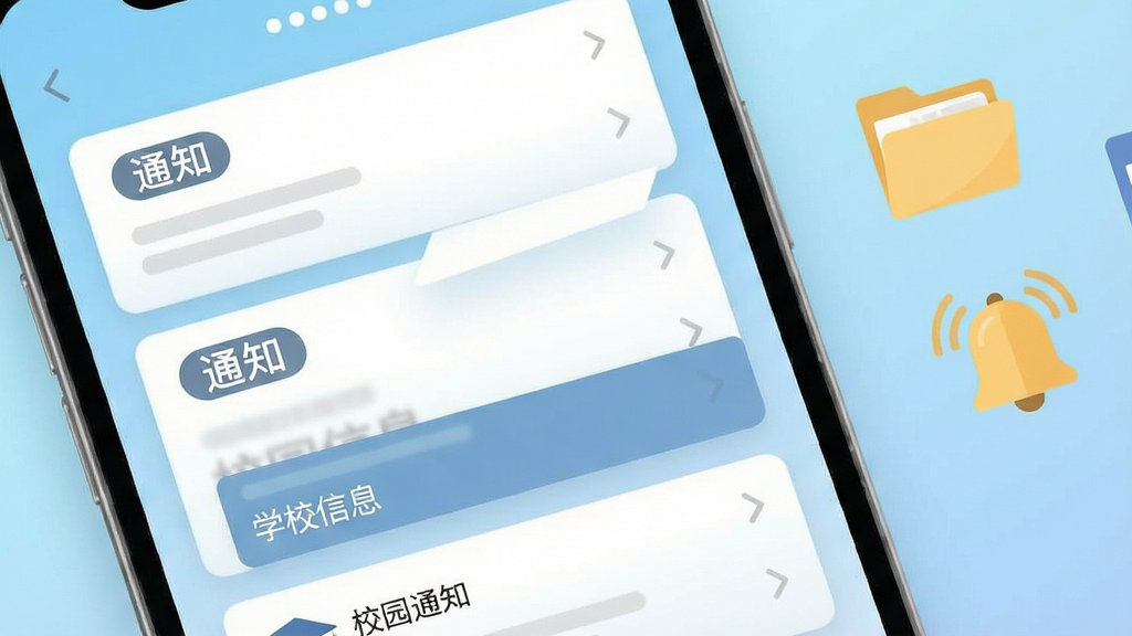 手机屏幕特写,界面中排列着多张校园通知卡片与学校信息条目,卡片上有“通知”“学校信息”等文字标签,背景为浅蓝色渐变,画面右侧点缀文件夹与铃铛图标,扁平化设计风格,排版整齐,画质干净清晰