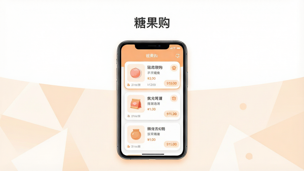 主体为一部竖屏智能手机居中放置,屏幕内展示糖果购软件简洁的购物比价列表界面,界面中有商品卡片与价格标签;布局采用上下分层,上方留白放置软件名称文字“糖果购”,下方为手机与浅色几何背景;排版居中对称,风格为清爽扁平化UI插画;细节包含圆角卡片、柔和阴影、淡橙色与白色主色调、小图标点缀;画质高清,画面干净,无多余元素