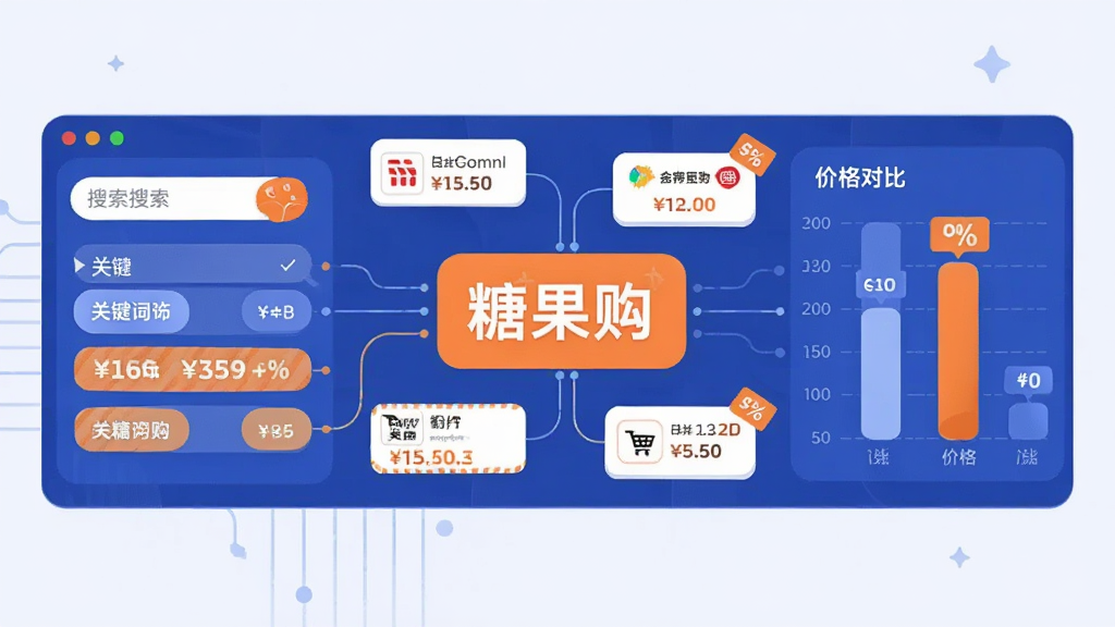 主体为一块横向展开的虚拟数据面板,面板中央显示“糖果购”字样,周围分布多个电商平台图标与价格数字卡片;布局为左右分区,左侧为搜索框与关键词,右侧为价格对比条形图;排版规整,风格为科技感扁平插画,蓝橙配色;细节包含细线连接、圆角矩形、价格标签与百分比符号;画质清晰,画面干净,无多余元素