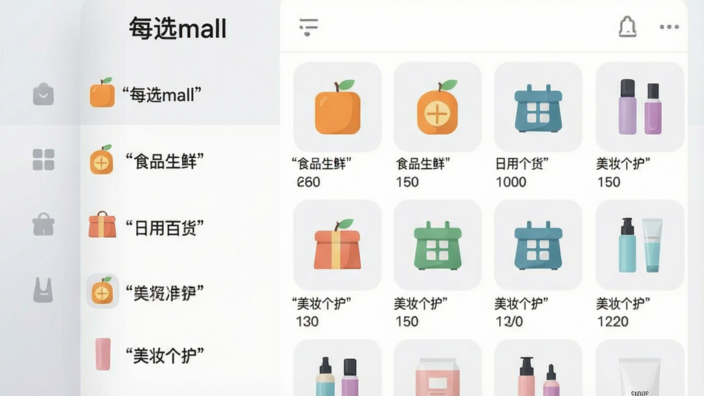 画面主体为每选mall应用内的商品分类导航界面,左侧为纵向品类列表,右侧为对应品类的商品网格;布局为左右分栏式手机截图风格,背景为浅灰渐变;排版整齐,风格为简洁商务扁平风;细节上界面文字用引号标注“每选mall”“食品生鲜”“日用百货”“美妆个护”,图标圆润统一;画质清晰,画面干净,无多余元素
