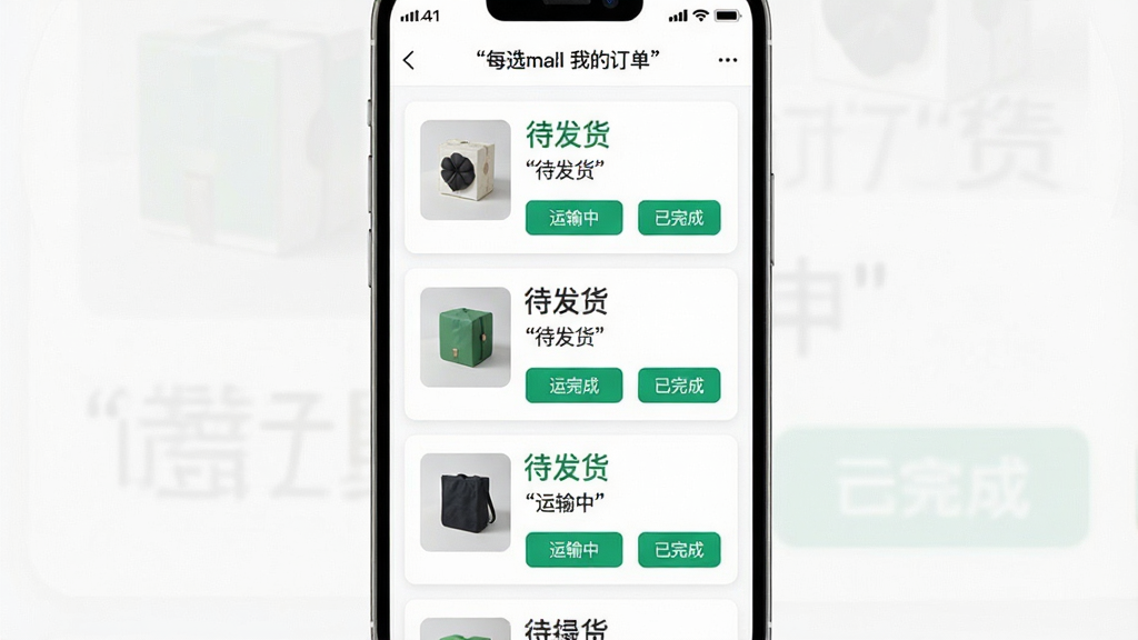 画面主体为每选mall订单管理页面手机截图,页面纵向排列多个订单卡片,每个卡片显示商品缩略图、订单状态标签与操作按钮;布局为单列纵向滚动式排版,背景为白色;风格为干净极简的移动端UI展示;细节上状态标签用引号标注“待发货”“运输中”“已完成”,顶部标题用引号标注“每选mall 我的订单”;画质高清,画面干净,无多余元素