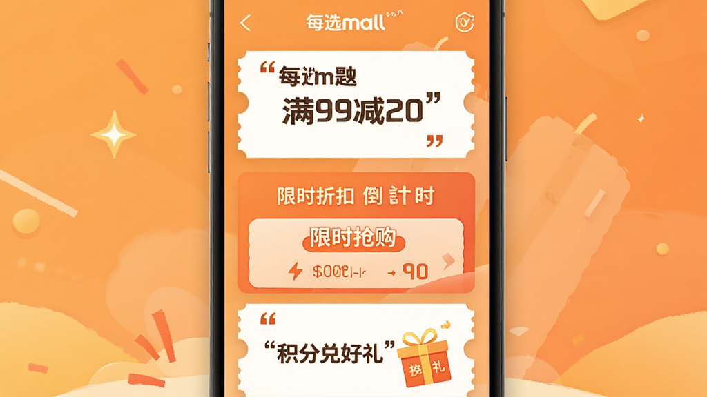 画面主体为每选mall优惠活动页面,展示优惠券卡片、限时折扣倒计时与积分兑换入口;布局为竖向卡片堆叠式手机界面,背景为暖橙色渐变;风格为活泼促销风扁平插画;细节上优惠券文字用引号标注“每选mall”“满99减20”“限时抢购”“积分兑好礼”;画质清晰,画面干净,无多余元素