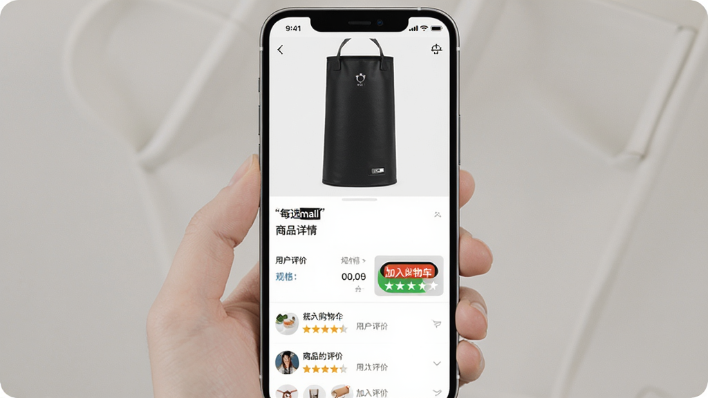 画面主体为每选mall商品详情页手机界面,上半部分为商品大图,下半部分为规格信息与用户评价列表;布局为上下结构纵向排版,背景为浅色;风格为清爽电商UI展示风;细节上界面文字用引号标注“每选mall”“商品详情”“用户评价”“加入购物车”,评价区有星级图标;画质清晰,画面干净,无多余元素