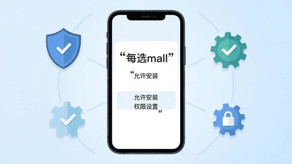 画面主体为一部手机屏幕显示每选mall安装与权限设置引导页面,旁边配有盾牌与齿轮图标示意安全设置;布局为手机居中、图标环绕式构图,背景为浅蓝渐变;风格为简洁科技扁平插画;细节上界面文字用引号标注“每选mall”“允许安装”“权限设置”,盾牌上有对勾符号;画质高清,画面干净,无多余元素