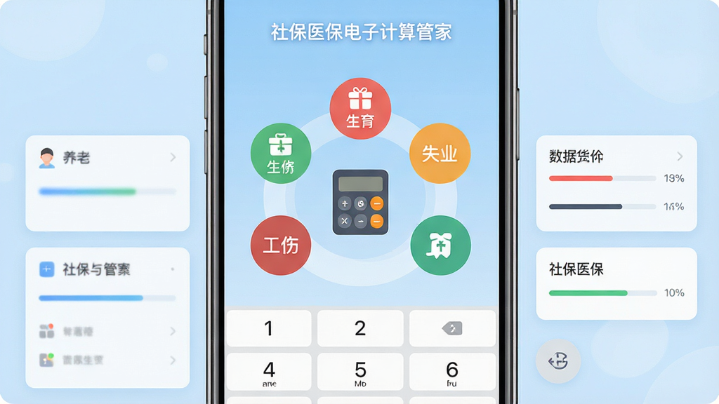 画面中央一部智能手机屏幕显示社保医保电子计算管家应用界面,界面包含养老、医疗、失业、工伤、生育五个彩色圆形图标环绕一个计算器主按钮,背景为浅蓝色渐变,布局简洁对称,排版清晰,风格为现代扁平化UI设计,细节包含数字键盘、进度条与数据卡片,画质高清,干净,无多余元素,图片中打文字“社保医保电子计算管家”