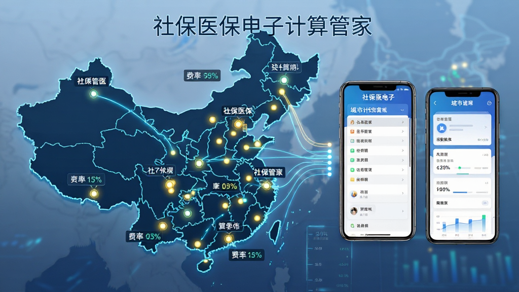 画面主体为一张中国地图轮廓,地图上多个城市节点被高亮标注并延伸出数据线条连接至中央的手机屏幕,屏幕内显示社保医保电子计算管家的城市选择列表与参数卡片,布局为地图居左手机居右,风格为科技感信息图,细节包含城市名称标签、费率百分比数字、连接光线,画质清晰,干净,无多余元素,图片中打文字“社保医保电子计算管家”