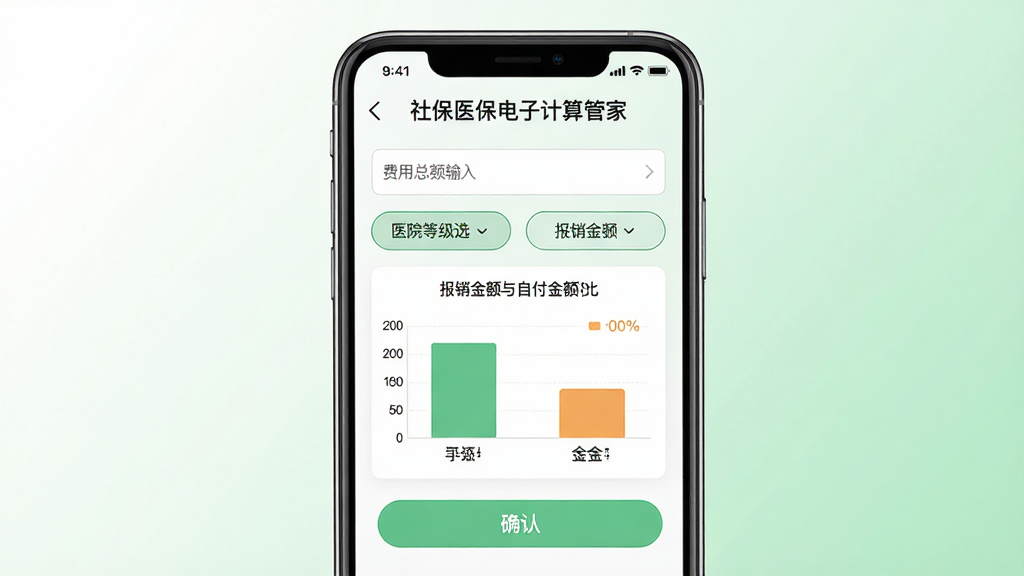 画面中央为一部手机显示社保医保电子计算管家的医保报销模拟结果页面,页面包含费用总额输入框、医院等级选择按钮、报销金额与自付金额对比条形图,背景为白色与淡绿色渐变,布局上下分层,风格为清新医疗风,细节包含数字标签、百分比刻度、确认按钮,画质高清,干净,无多余元素,图片中打文字“社保医保电子计算管家”