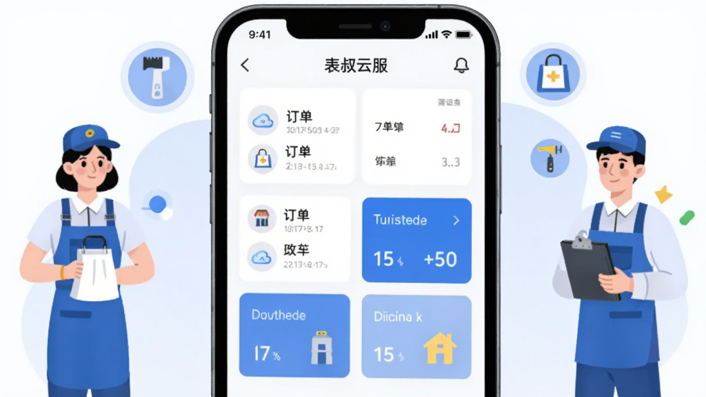 画面中央放置一部智能手机,屏幕显示“表叔云服”应用主界面,界面包含订单列表与数据卡片,手机两侧分布家政服务人员形象与工具图标,整体采用扁平化插画风格,配色以蓝白为主,背景简洁干净,布局左右对称,细节清晰,画质高清,无多余元素