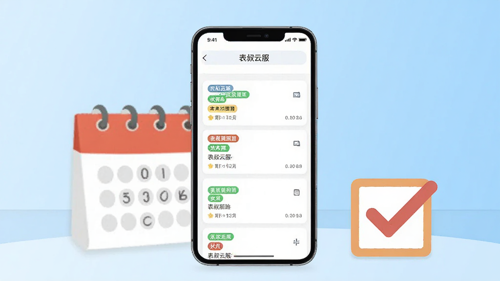 一部手机屏幕展示“表叔云服”订单管理列表,列表项带有状态标签与时间信息,手机旁边放置日历与勾选图标,背景为浅蓝色渐变,扁平化设计风格,构图居中,文字清晰,画面干净整洁,高清画质