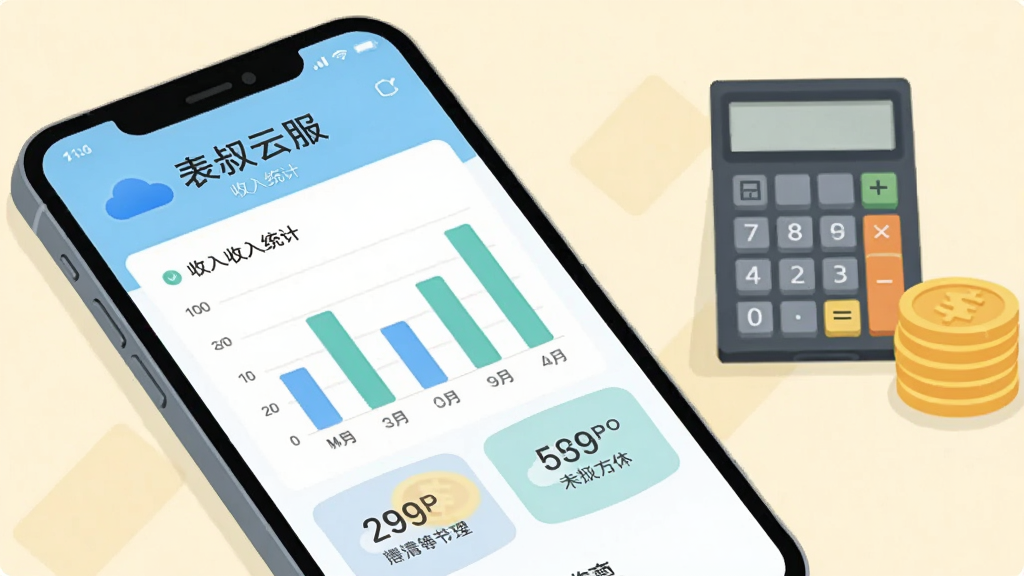 手机屏幕显示“表叔云服”收入统计图表,包含柱状图与数字卡片,旁边有计算器与钱币图标,整体采用清新浅色风格,扁平插画,布局简洁,文字醒目,画质清晰,无杂乱元素