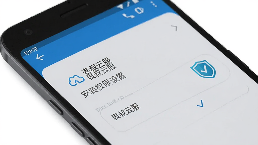 一部安卓手机屏幕显示“表叔云服”安装权限设置界面,旁边有盾牌图标与勾选标记,画面风格简洁商务,蓝灰配色,布局清晰,文字可辨,高清画质,背景干净