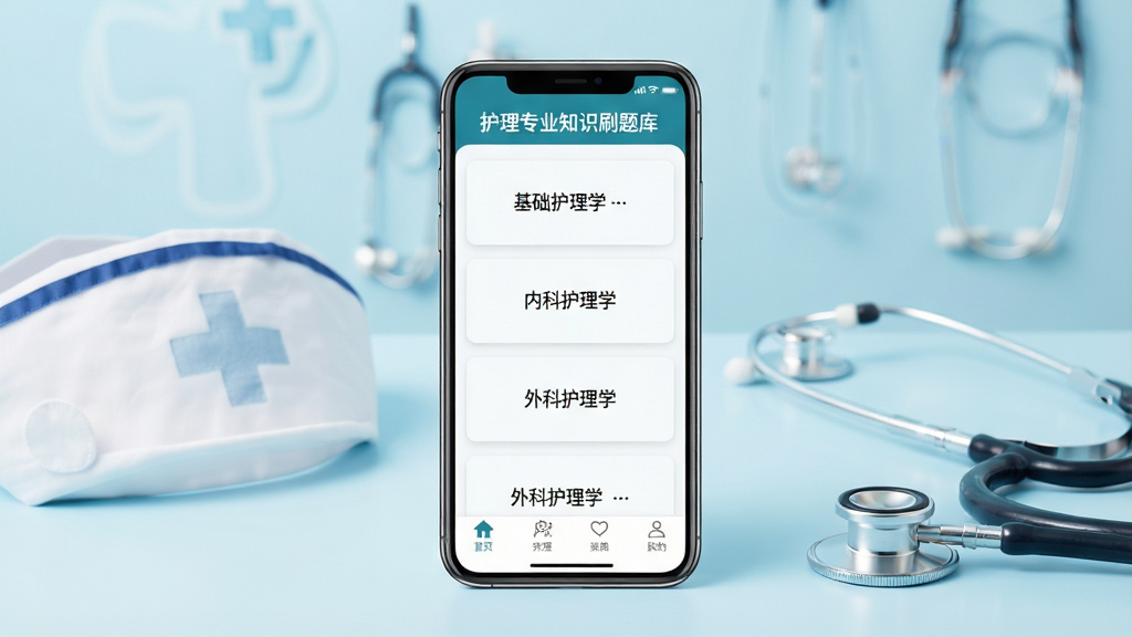 一张展示护理专业知识刷题库手机应用界面的场景图,画面中央是一部竖屏智能手机,屏幕内显示题库练习页面,顶部有护理专业知识刷题库字样,下方排列着基础护理学、内科护理学、外科护理学等章节卡片,底部导航栏清晰可见,手机旁边散落着护士帽和听诊器作为点缀,背景为淡蓝色医疗风格,整体布局干净整洁,风格清新专业,细节丰富,画质高清,画面干净无多余元素