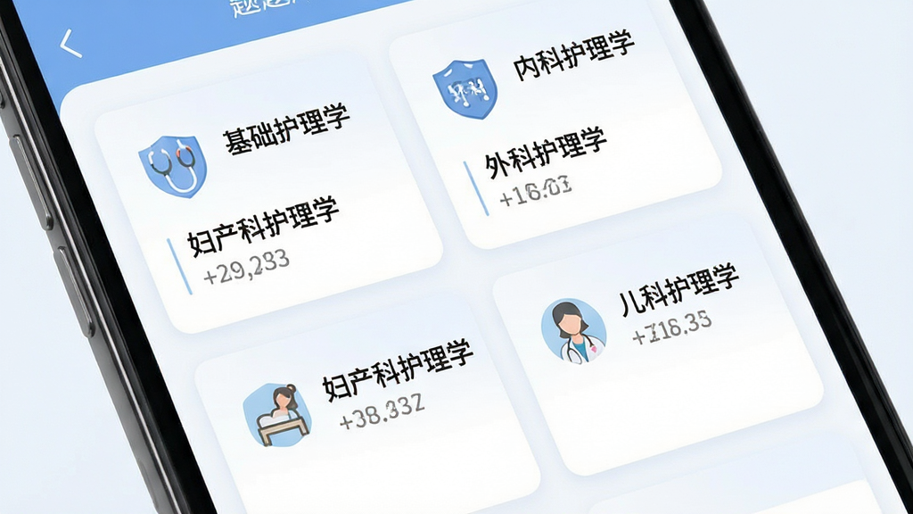 护理专业知识刷题库应用内题库分类界面截图风格展示,画面为手机屏幕特写,屏幕上以卡片形式展示基础护理学、内科护理学、外科护理学、妇产科护理学、儿科护理学等分类入口,每个卡片配有对应的科室图标和题目数量标注,界面配色柔和以蓝白色调为主,排版整齐清晰,风格简洁现代,画质干净高清,无杂乱元素