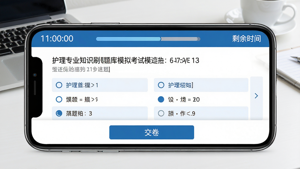 护理专业知识刷题库模拟考试界面展示,手机横屏显示考试答题页面,顶部有计时器和进度条,中间为题目和选项区域,底部有交卷按钮,屏幕右上角显示剩余时间,画面整体风格严肃专业,配色以蓝色和白色为主,背景为简洁的书桌场景,画质清晰干净,无多余装饰