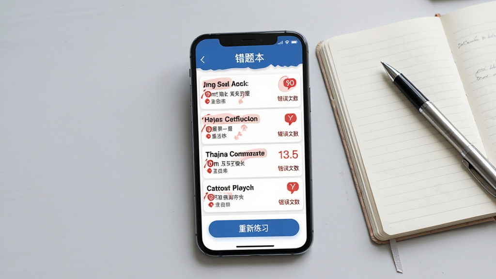 护理专业知识刷题库错题本功能展示图,手机屏幕中央显示错题列表页面,每条错题带有红色标记和错误次数提示,页面顶部有错题本三个字,下方有重新练习按钮,手机旁边放置一本翻开的笔记本和一支笔,背景为浅灰色桌面,光线柔和,风格写实清晰,画质细腻干净