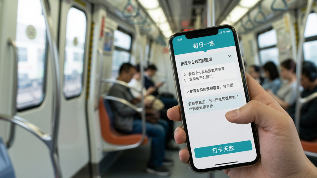 护理专业知识刷题库每日一练功能场景图,画面展示一只手拿着手机在地铁车厢内刷题,手机屏幕上显示每日一练的题目界面和打卡天数,周围环境为模糊的地铁车厢背景,光线自然,风格生活化真实,画质清晰干净,突出便携刷题的便捷感