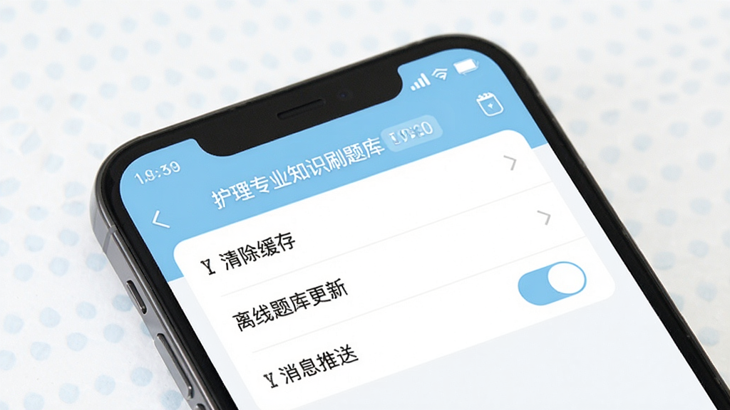 护理专业知识刷题库应用设置与权限管理界面展示图,手机屏幕显示设置页面,包含清除缓存、离线题库更新、消息推送开关等选项,界面风格简洁,配色为浅蓝与白色,画面干净清晰,画质高清无多余元素